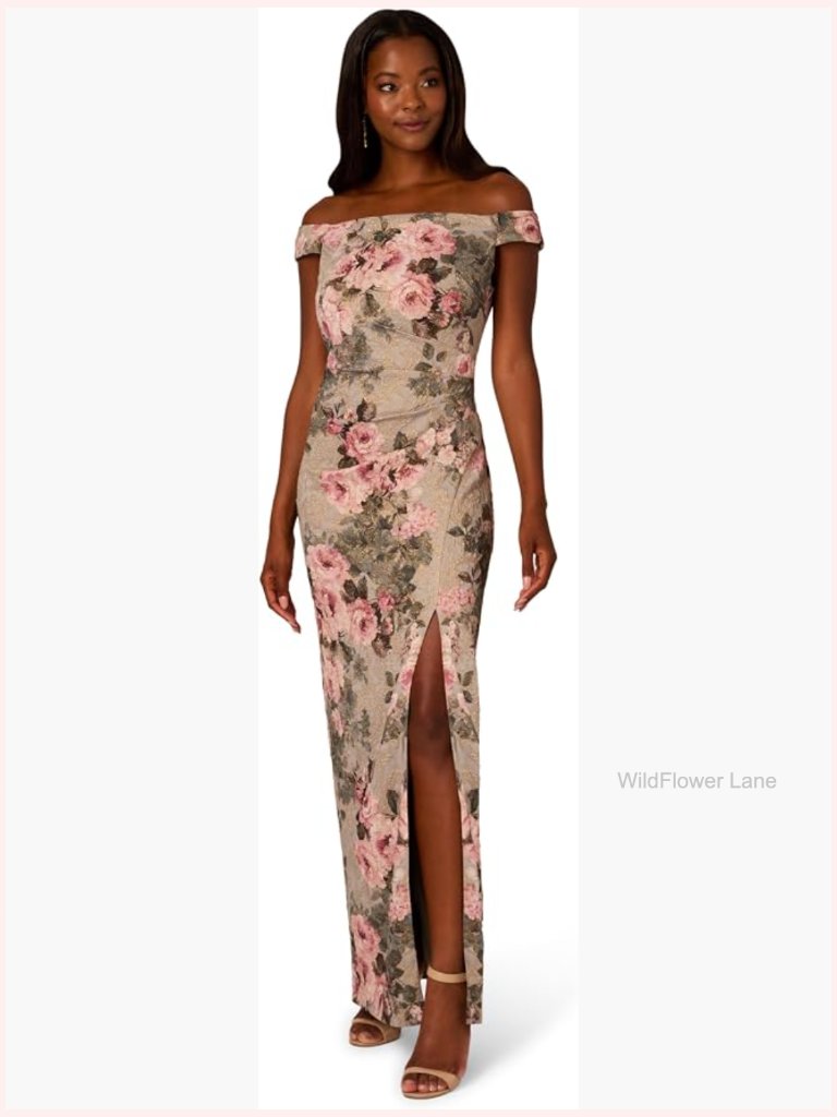 Formal Off-Shoulder Column Gown With Floral Matelass
